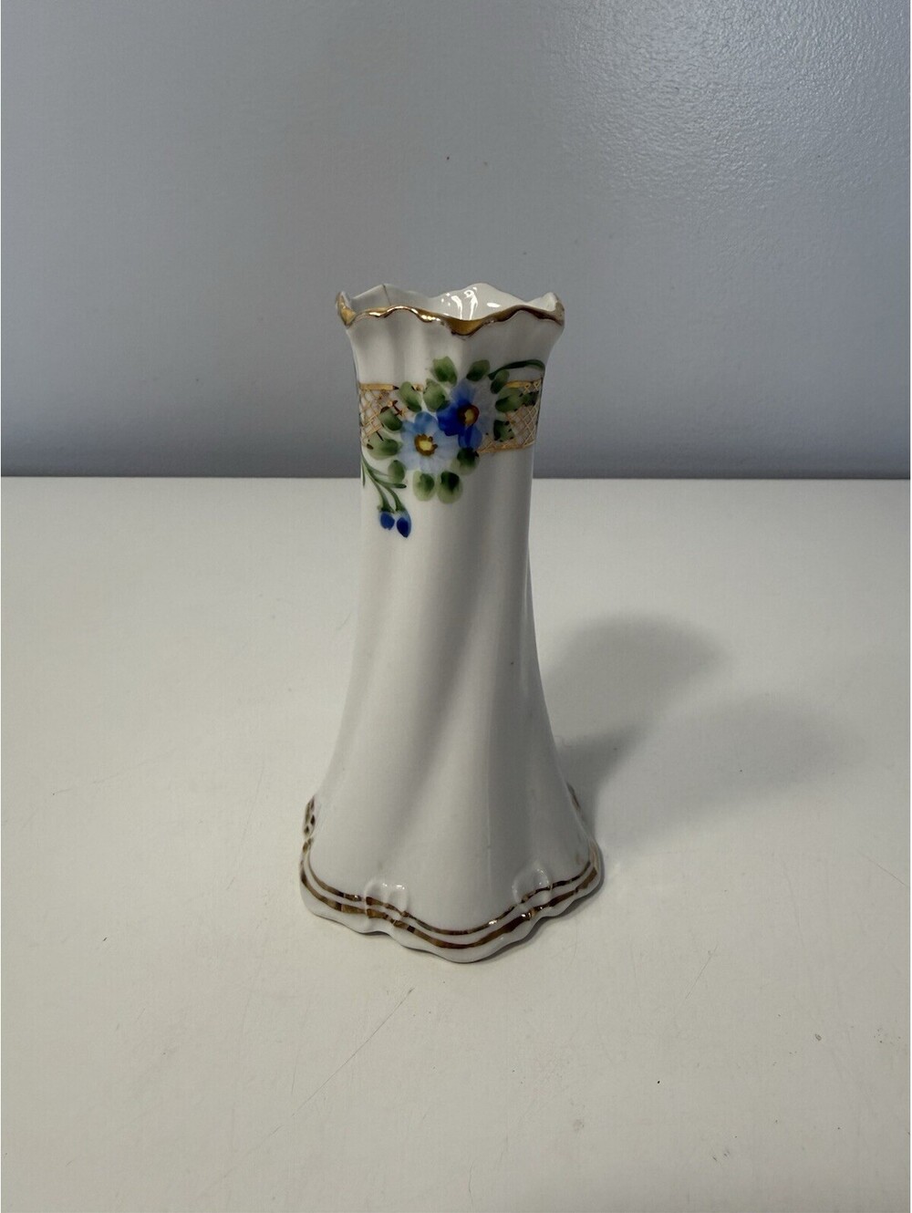 NIPPON Hand Painted Flared Hat Pin Holder Vase Japan Blue Floral Gold Trim